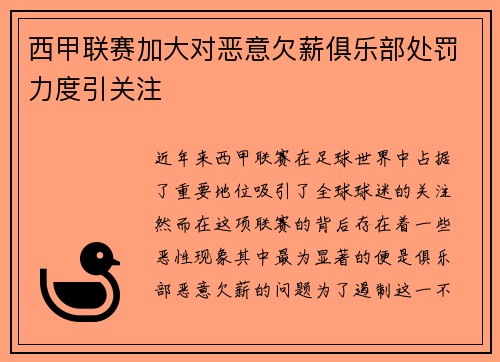 西甲联赛加大对恶意欠薪俱乐部处罚力度引关注